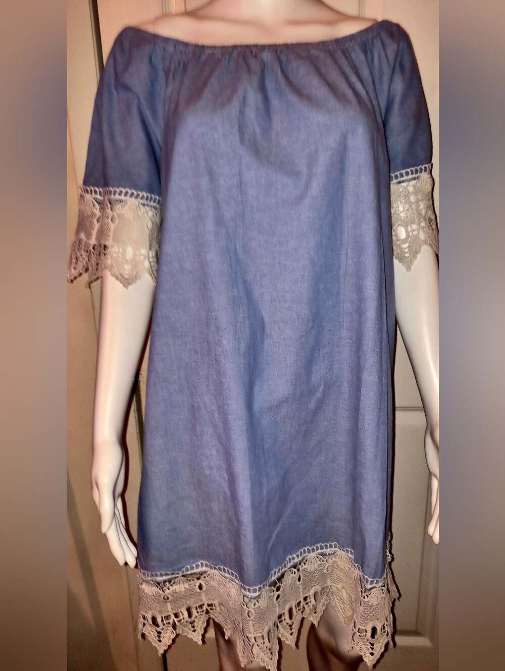 Mlle Gabrielle Chambray Off-the-Shoulder Crochet Lace Dress